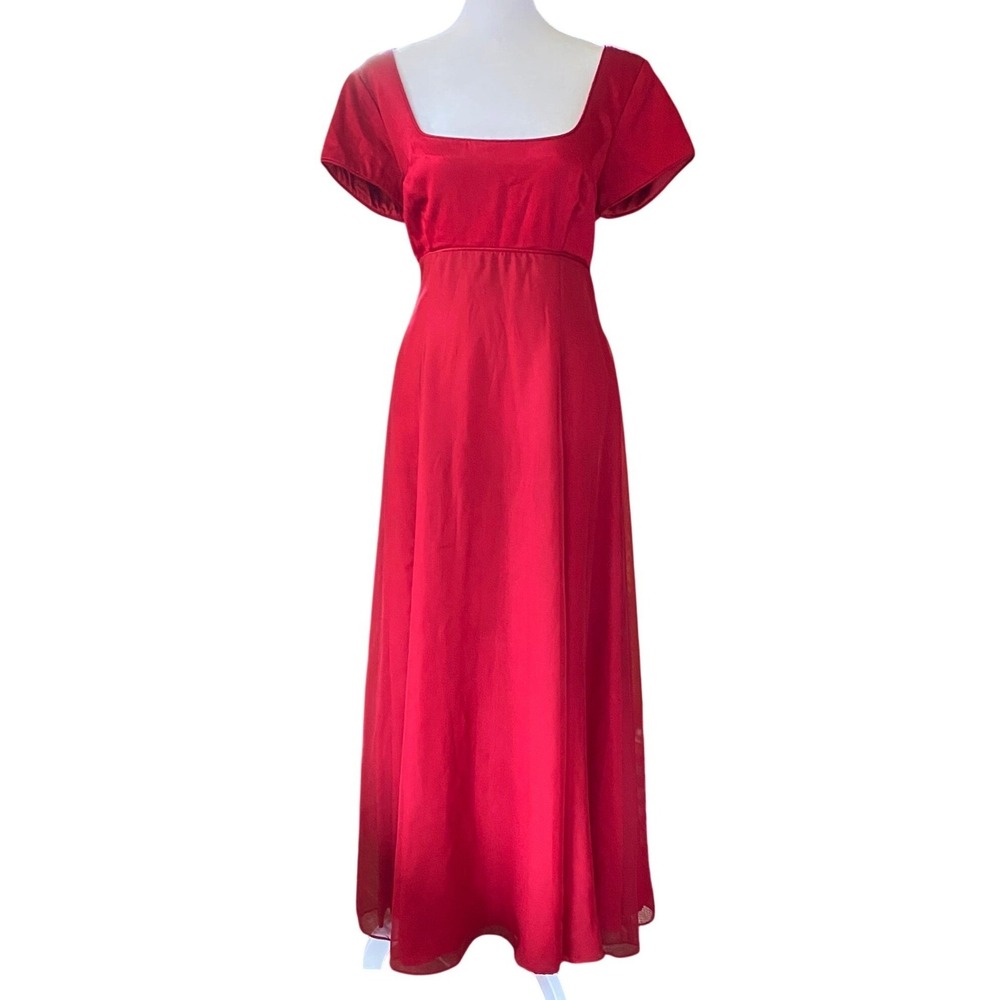 Vintage 1990s Empire Waist A Line Chiffon Red Maxi Dress Gown 14 Sheer Victorian